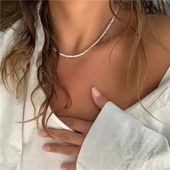 Tennis Necklace 14K Gold Plated Rhinestone Butterfly Choker Necklaces 3mm - Picture 5 of 7